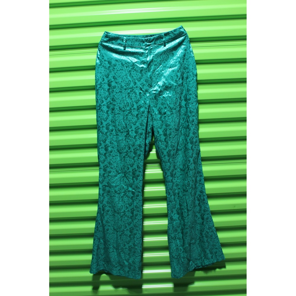 12th Tribe Green Floral Jacquard Flare Pants Satin Trousers ACP40097 Small